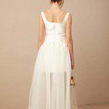 Melanie White Satin Tulle Panel Maxi Dress