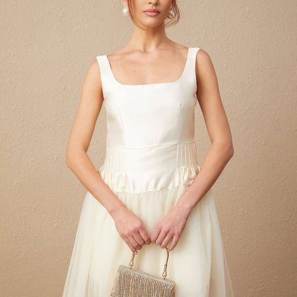 Melanie White Satin and Tulle Panel Maxi Dress