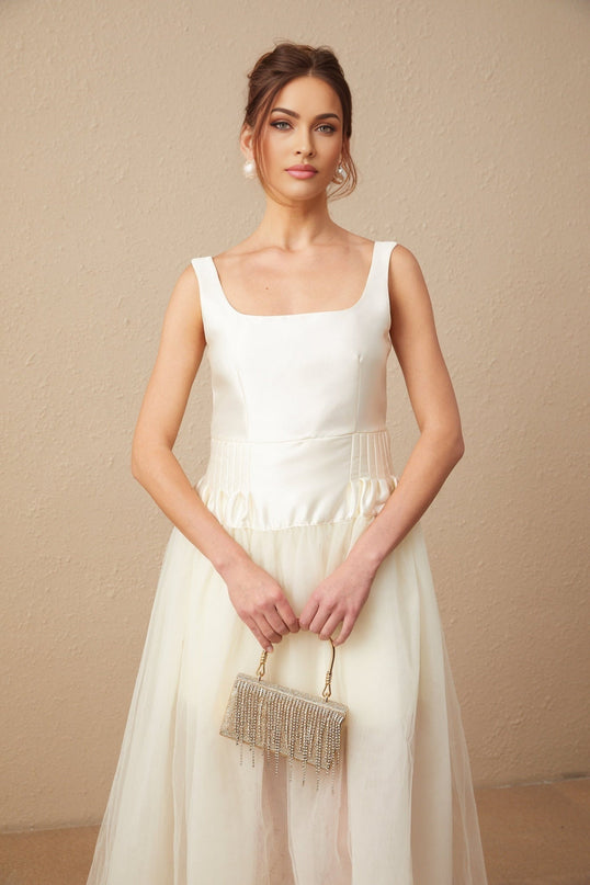 Melanie White Satin and Tulle Panel Maxi Dress