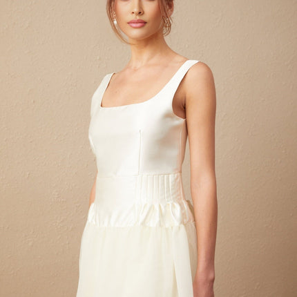 Melanie White Satin and Tulle Panel Maxi Dress