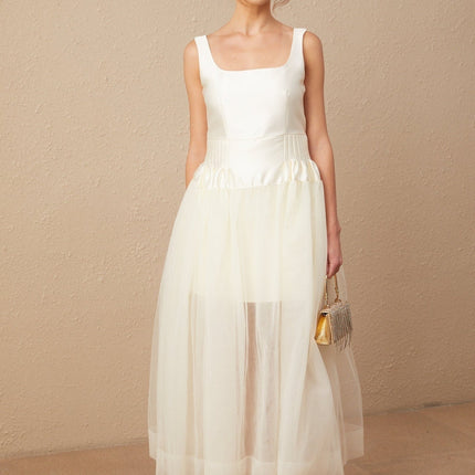 Melanie White Satin Tulle Panel Maxi Dress