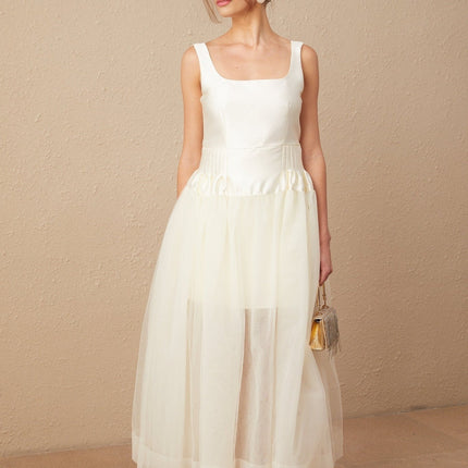 Melanie White Satin Tulle Panel Maxi Dress