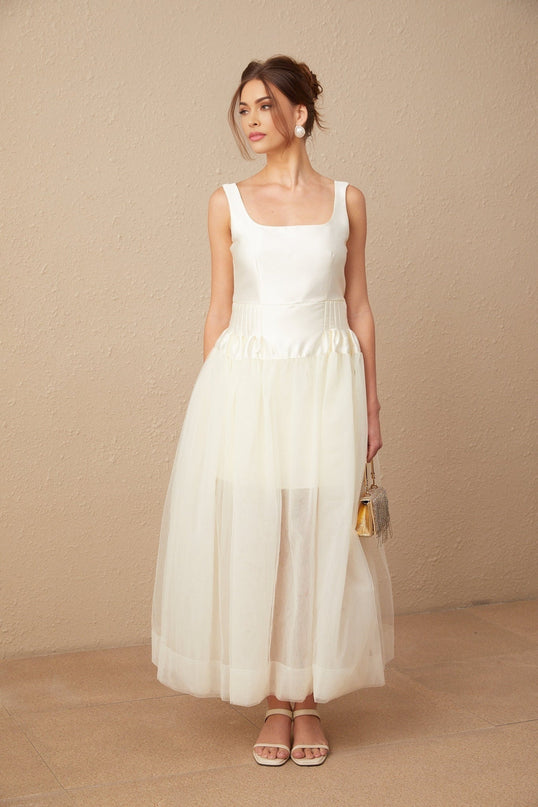 Melanie White Satin Tulle Panel Maxi Dress