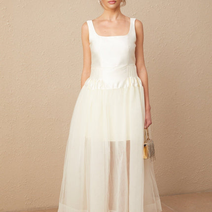 Melanie White Satin Tulle Panel Maxi Dress