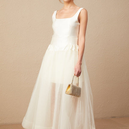 Melanie White Satin and Tulle Panel Maxi Dress with Square Neck and Wide Straps