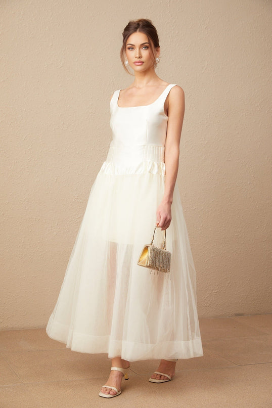 Melanie White Satin and Tulle Panel Maxi Dress with Square Neck and Wide Straps