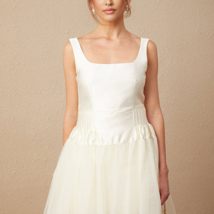 Melanie White Satin and Tulle Panel Maxi Dress with Square Neck and Wide Straps