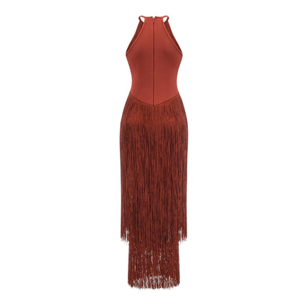 Mélisande Red Halterneck Fringed Maxi Gown