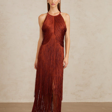 Mélisande Red Halterneck Fringed Maxi Gown