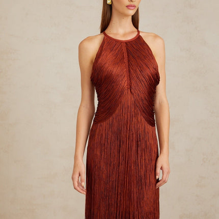 Melisande Red Halterneck Fringed Maxi Gown