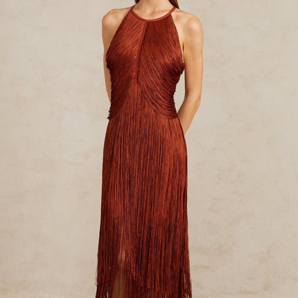 Mélisande Red Halterneck Fringed Maxi Gown
