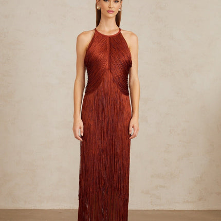 Mélisande Red Halterneck Fringed Maxi Gown