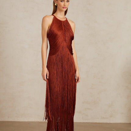 Melisande Red Halterneck Fringed Maxi Gown