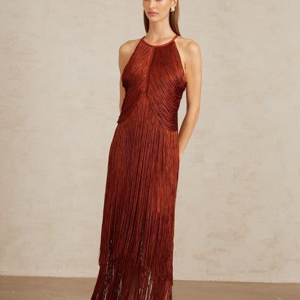 Mélisande Rusty Red Halterneck Fringed Maxi Gown