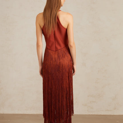 Melisande Red Halterneck Fringed Maxi Gown