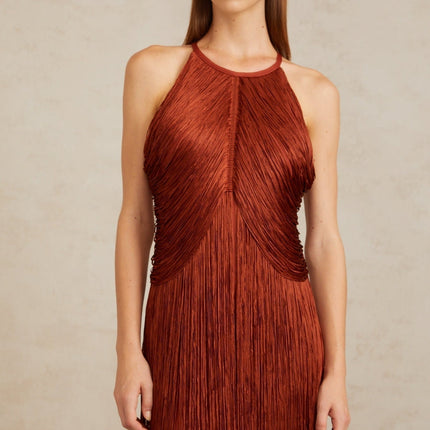 Mélisande in Red Halterneck Fringed Maxi Gown