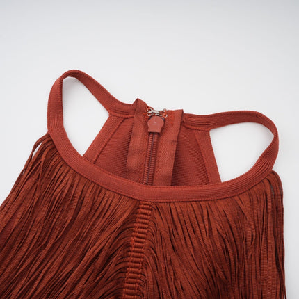Mélisande in Rusty Red Halterneck Fringed Maxi Gown