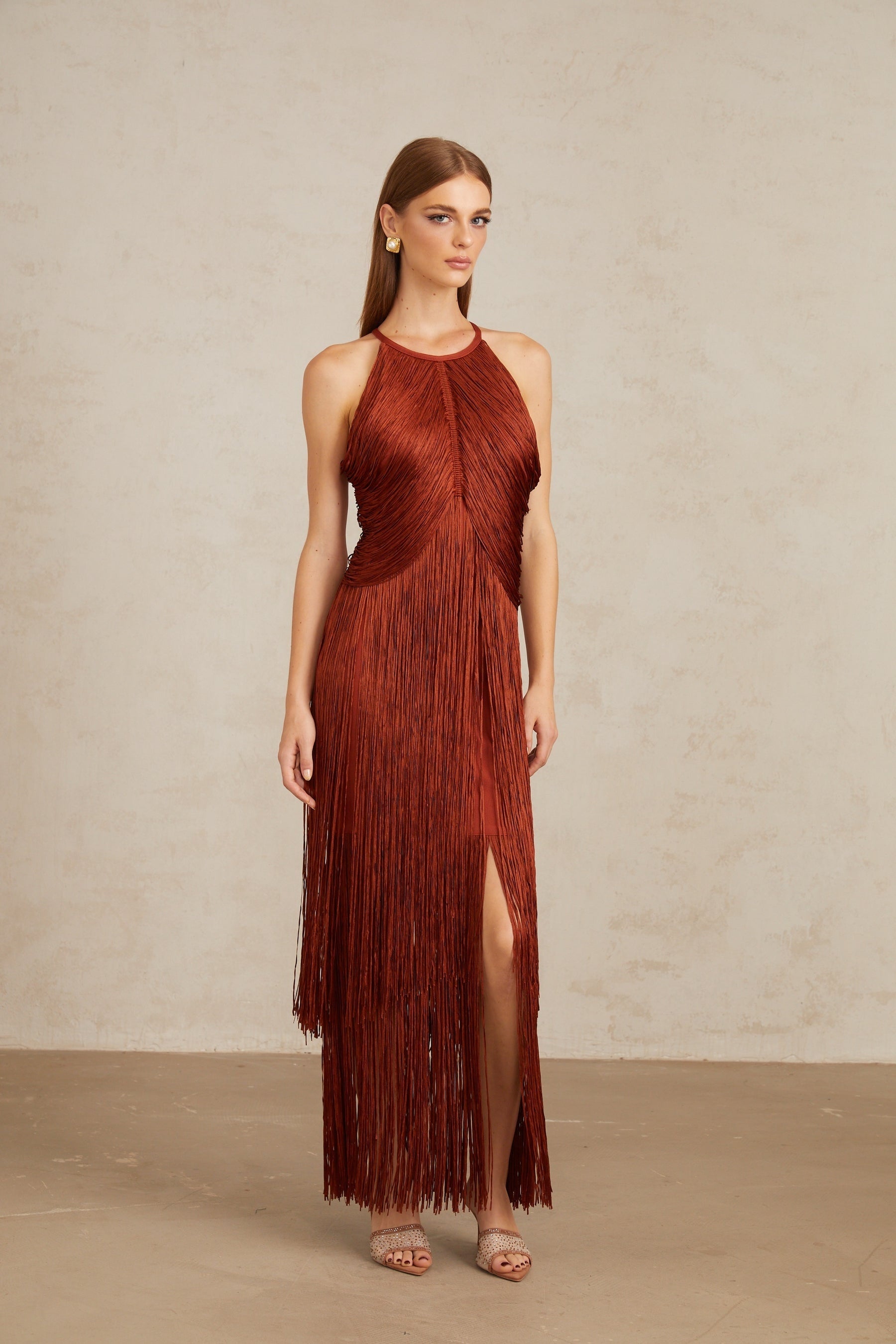 Mélisande Rusty Red Halterneck Fringed Maxi Gown