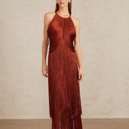 Mélisande Red Halterneck Fringed Maxi Gown