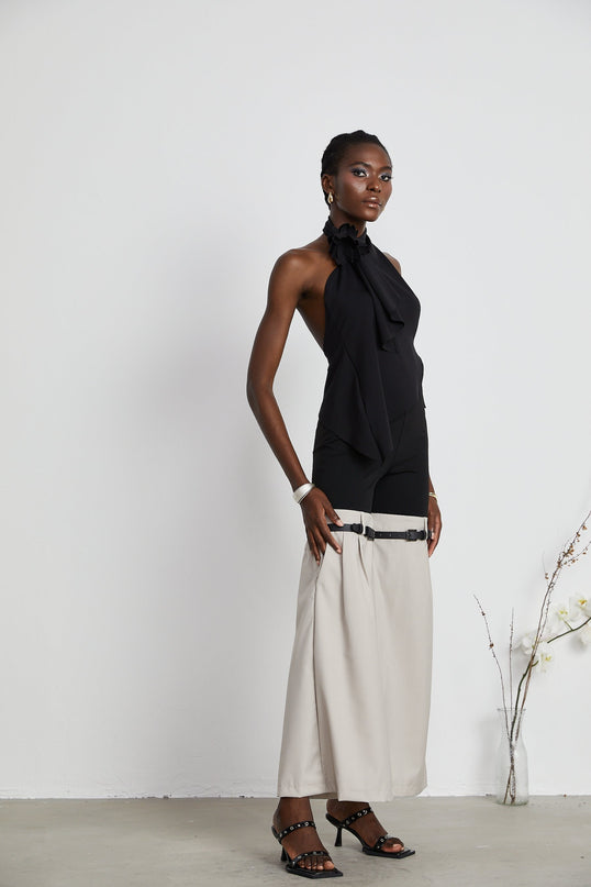 Melissa Black Floral Halterneck Top with Appliqué Detailing