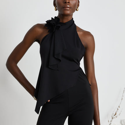 Melissa Black Floral Top Halterneck Backless Asymmetric Hem Stretch Design