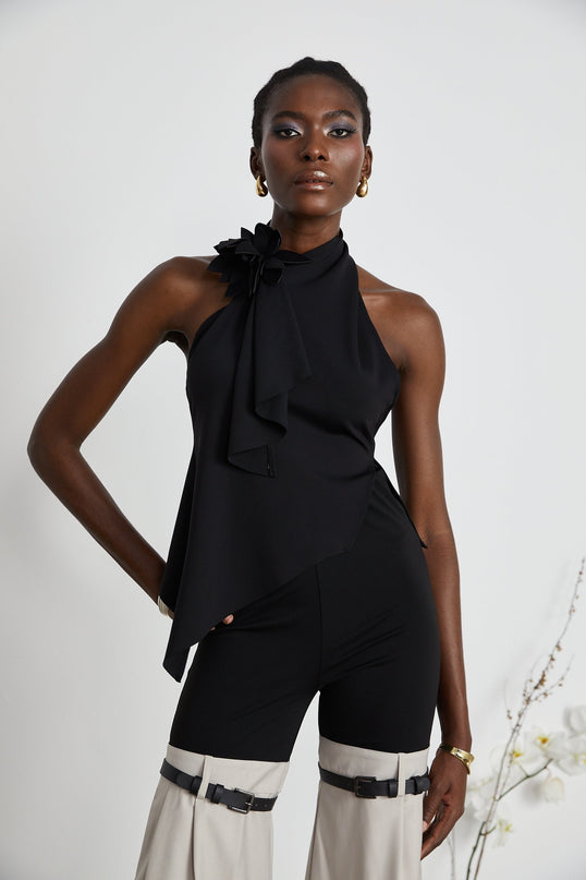 Melissa Black Floral Top Halterneck Backless Asymmetric Hem Stretch Design