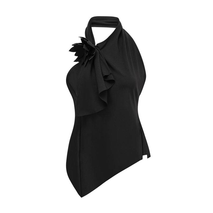 Melissa Black Floral Top Halterneck Backless Stretch Design