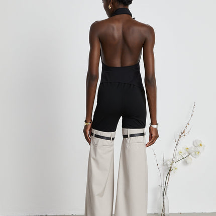 Melissa Black Floral Top Halterneck Backless Asymmetric Hem Stretch Design
