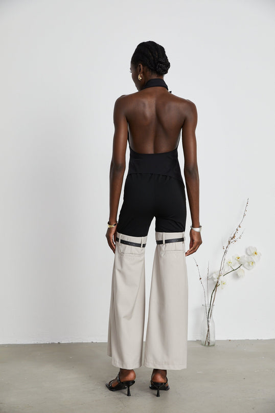 Melissa Black Floral Top Halterneck Backless Asymmetric Hem Stretch Design
