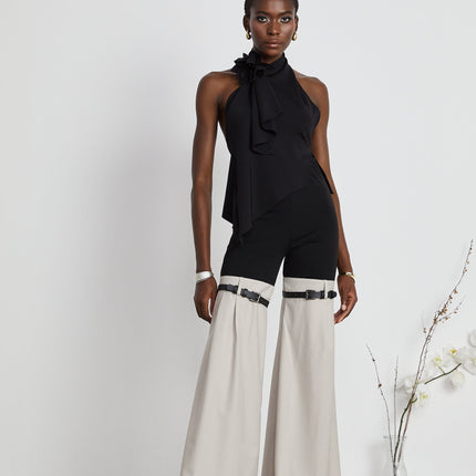 Melissa Black Floral Top Halterneck Backless Stretch Design