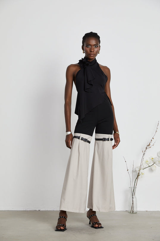 Melissa Black Floral Top Halterneck Backless Stretch Design