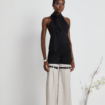 Melissa Black Floral Top Backless Halterneck Stretch Design Elegant Sophisticated Glamorous