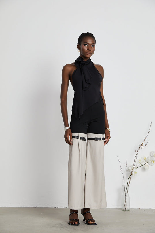 Melissa Black Floral Top Backless Halterneck Stretch Design Elegant Sophisticated Glamorous