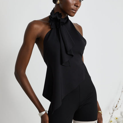 Melissa Black Floral Top Halterneck Backless Stretch Design