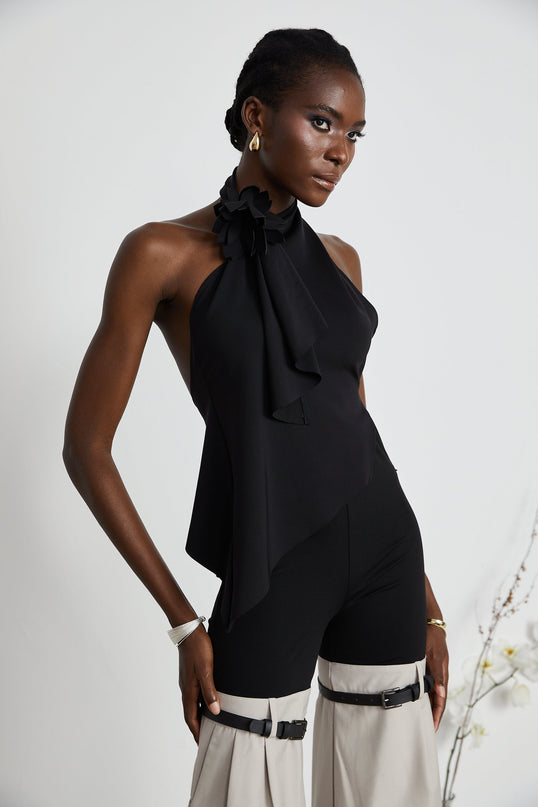 Melissa Black Floral Top Halterneck Backless Stretch Design