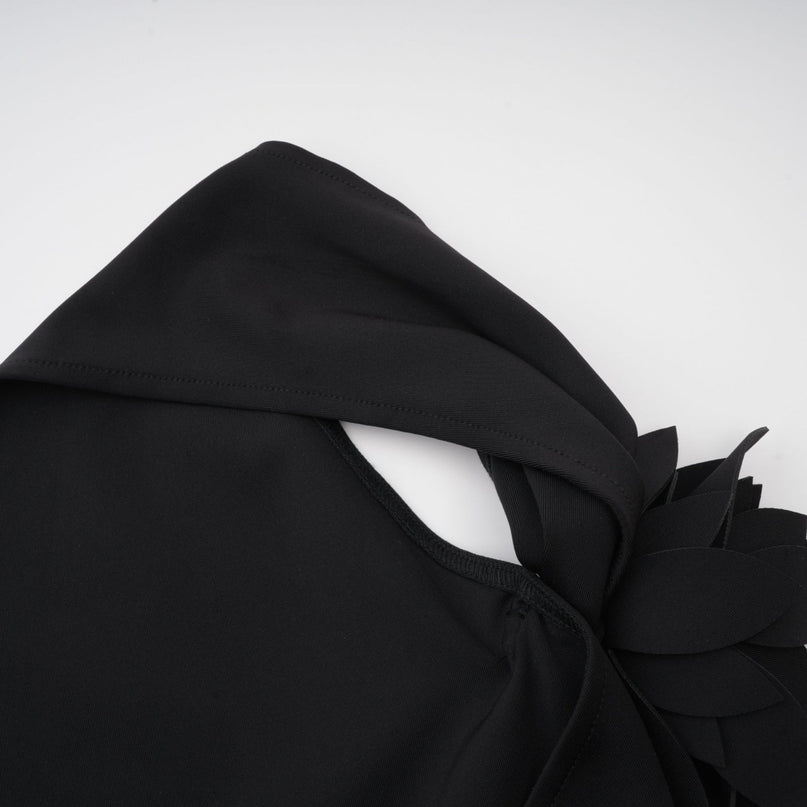 Melissa Black Floral Top Backless Halterneck Asymmetric Hem Stretch Design