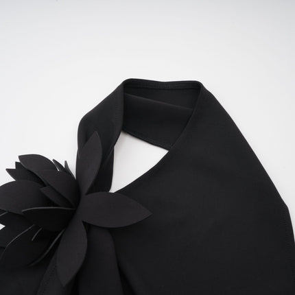 Melissa Black Floral Top Backless Halterneck Stretch Design Asymmetric Hem