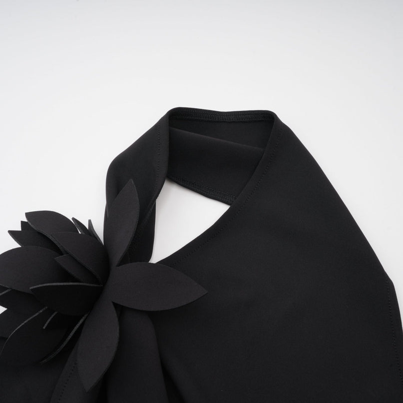 Melissa Black Floral Top Backless Halterneck Stretch Design Asymmetric Hem