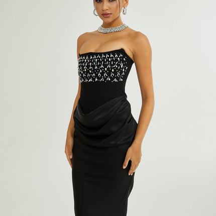 Melissa Black Off-the-Shoulder Maxi Dress with Pleating and Crystal Embellishments