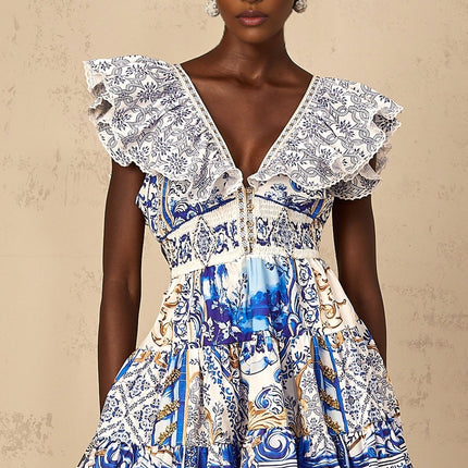 Melissa Blue Baroque Tiered Ruffle Mini Dress V-Neck Open Back Smocked Panel Tie Detail Shirred Baroque-Pattern Print Cap Sleeves Cinched Waist Tailored Fit Terylene Fiber Thigh-Length Refinement Style Elegance