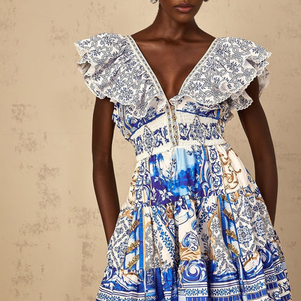 Melissa Blue Baroque Tiered Ruffle Mini Dress with V-Neck and Open Back