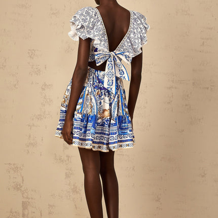 Melissa Blue Baroque Tiered Ruffle Mini Dress V-neck Open Back Smocked Panel Tie Detail Shirred Baroque Pattern Cap Sleeves Cinched Waist Elegant Sophisticated Thigh-length Terylene Fiber Special Occasion
