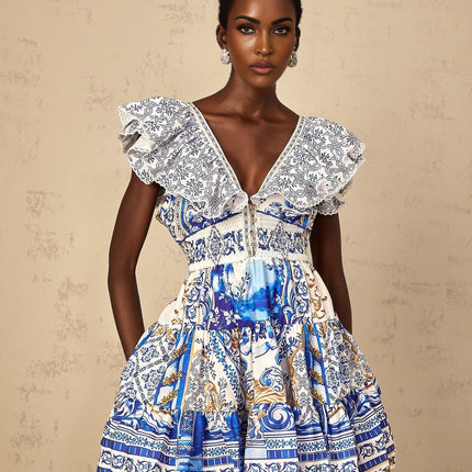 Melissa Blue Baroque Tiered Ruffle Mini Dress V-neck Open Back Smocked Panel Tie Detail Cap Sleeves Cinched Waist