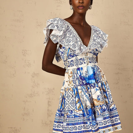 Melissa Blue Baroque Tiered Ruffle Mini Dress with Plunging V-neck and Open Back