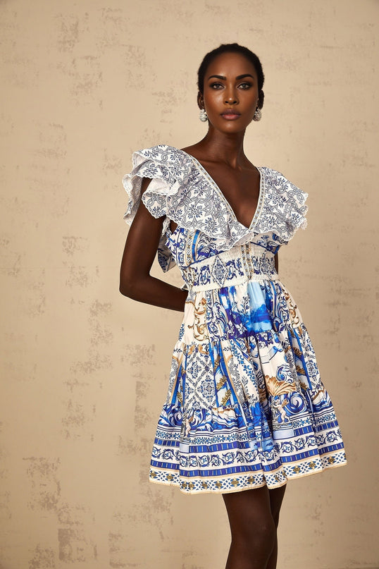 Melissa Blue Baroque Tiered Ruffle Mini Dress with Plunging V-neck and Open Back
