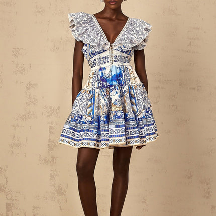 Melissa Blue Baroque Tiered Ruffle Mini Dress with Plunging V-Neck and Open Back