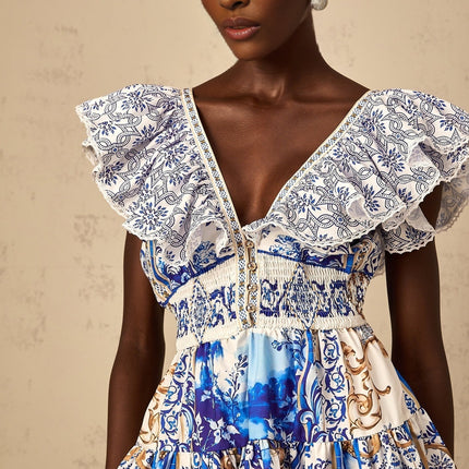 Melissa Blue Baroque Tiered Ruffle Mini Dress with V-Neck and Open Back