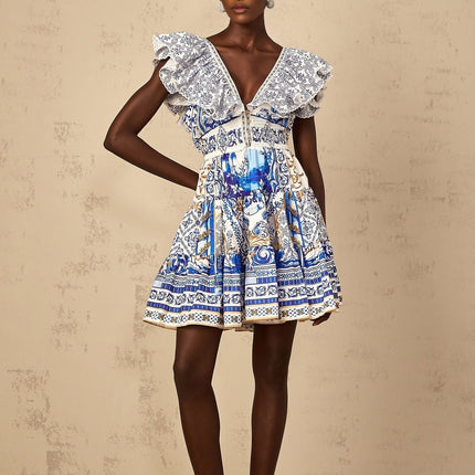 Melissa Blue Baroque Tiered Ruffle Mini Dress with Plunging V-Neck and Open Back