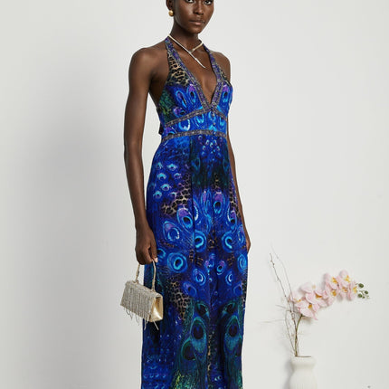 Melissa Blue Crystal Embellished Halterneck Jumpsuit Multicolor Wide Leg Silk