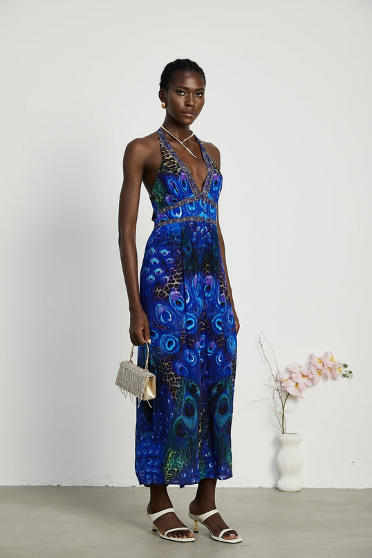 Melissa Blue Crystal Embellished Halterneck Jumpsuit Multicolor Wide Leg Silk
